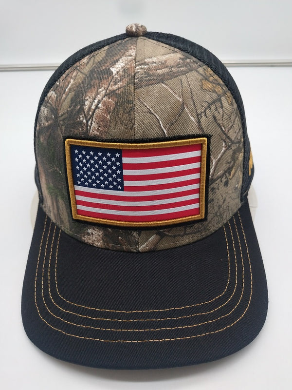 NRA® RealTree Xtra® and Black 6-Panel Trucker Cap with American Flag Woven Patch