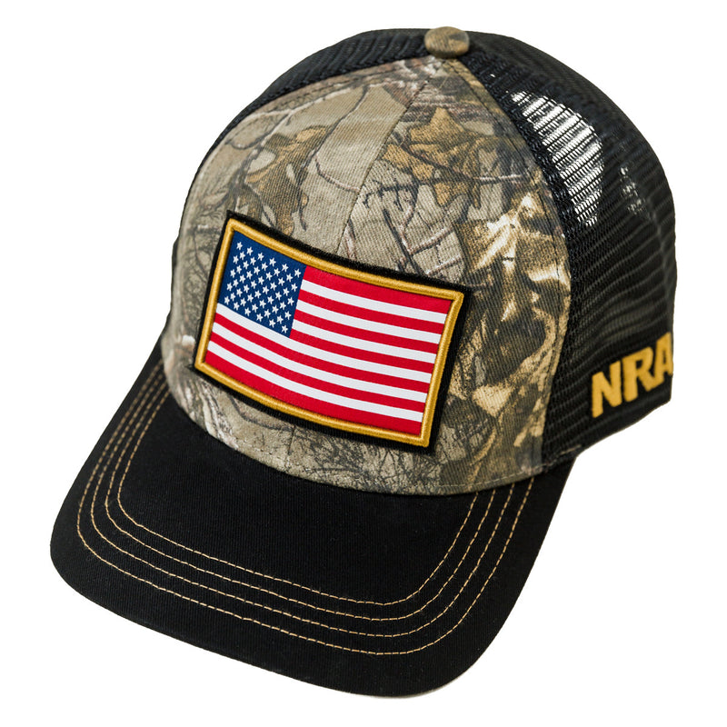 NRA® RealTree Xtra® and Black 6-Panel Trucker Cap with American Flag Woven Patch