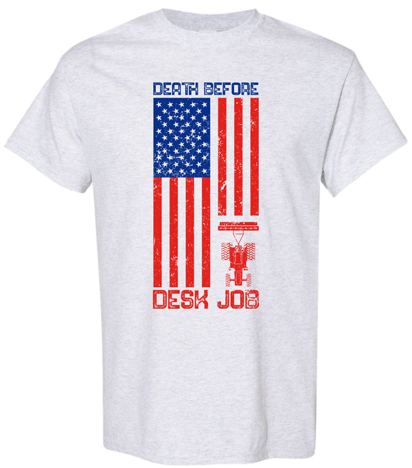 "Death Before Desk Job" Tractor Plowing with Color Flag Premium Short Sleeve Tee in White