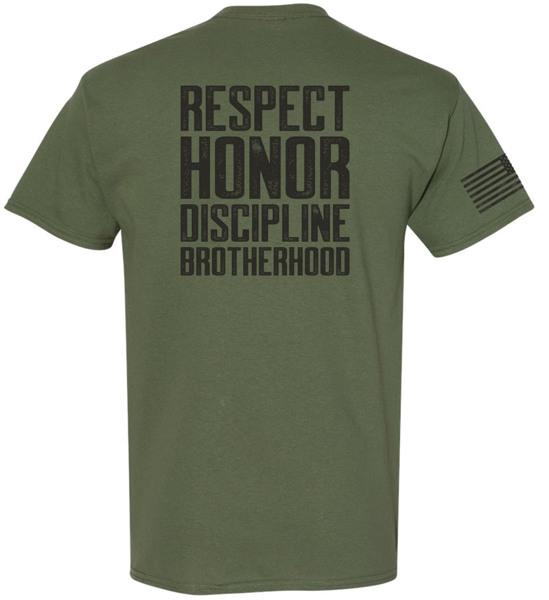 Kick Brass - "Respect, Honor, Discipline, Brotherhood" Premium Tee in Military Green