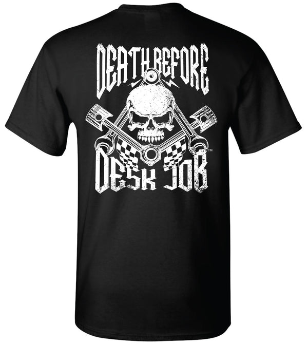 "Death Before Desk Job" Skull and Pistons Premium Short Sleeve Tee in Black
