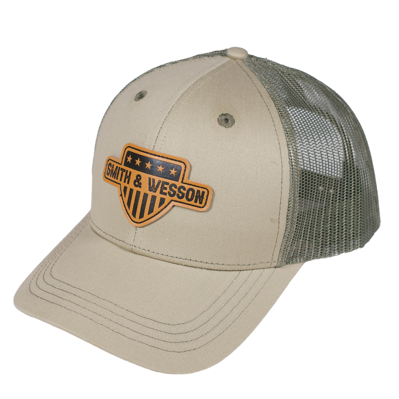 Smith & Wesson® Leather Patch Trucker Hat in Loden Green and Tan