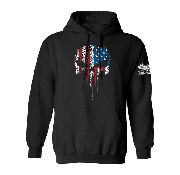 Kick Brass® American Flag Filled Skull Pullover Hoodie in Black