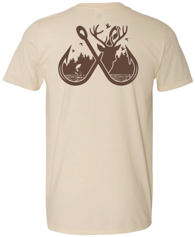 Hook & Trigger - Fishing Hook Lake Scene with Buck Premium Tan Tee