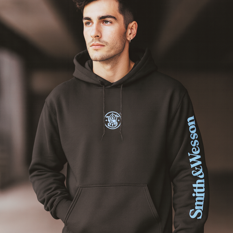 Smith & Wesson® Meatball & Arm Sleeve Logo in Electric Blue Color Pullover Hoodie in Black