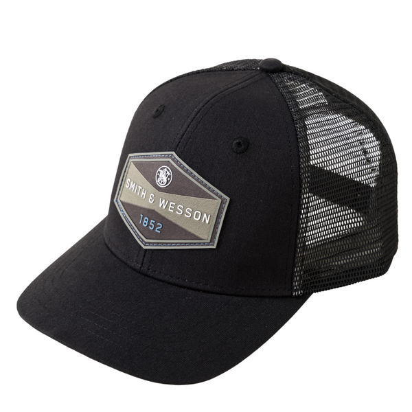 Smith & Wesson® Two-Tone Hexagon Patch Trucker Cap in Heather Black Linen