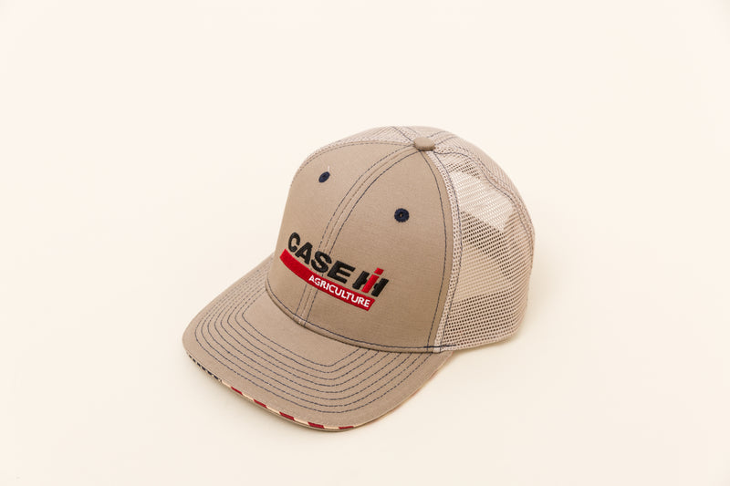 CASE IH® Khaki Mesh Back Trucker Cap with Embroidered Logo and USA Flag Patch