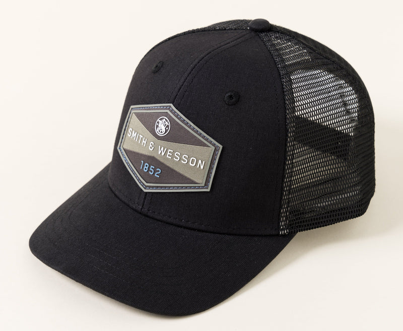 Smith & Wesson® Two-Tone Hexagon Patch Trucker Cap in Heather Black Linen