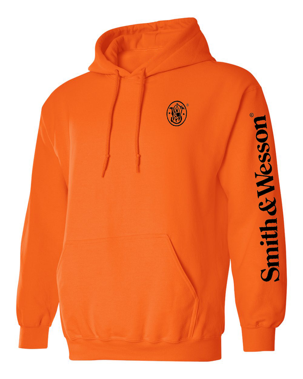Smith & Wesson® Long Sleeve Hoodie Sweatshirt with Sleeve Logo Print in Safety Orange