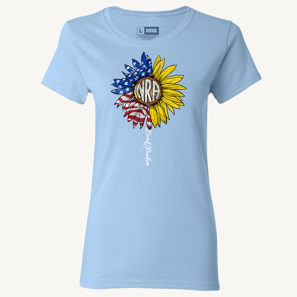 NRA® Women's Premium Short Sleeve Flag Filled Sunflower - Love & Freedom Tee Shirt
